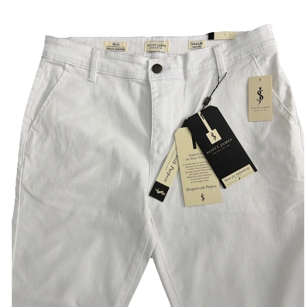 Scott James Men's White jeans  Slim Fit Natural Stretch Classic Pants Size 34X30